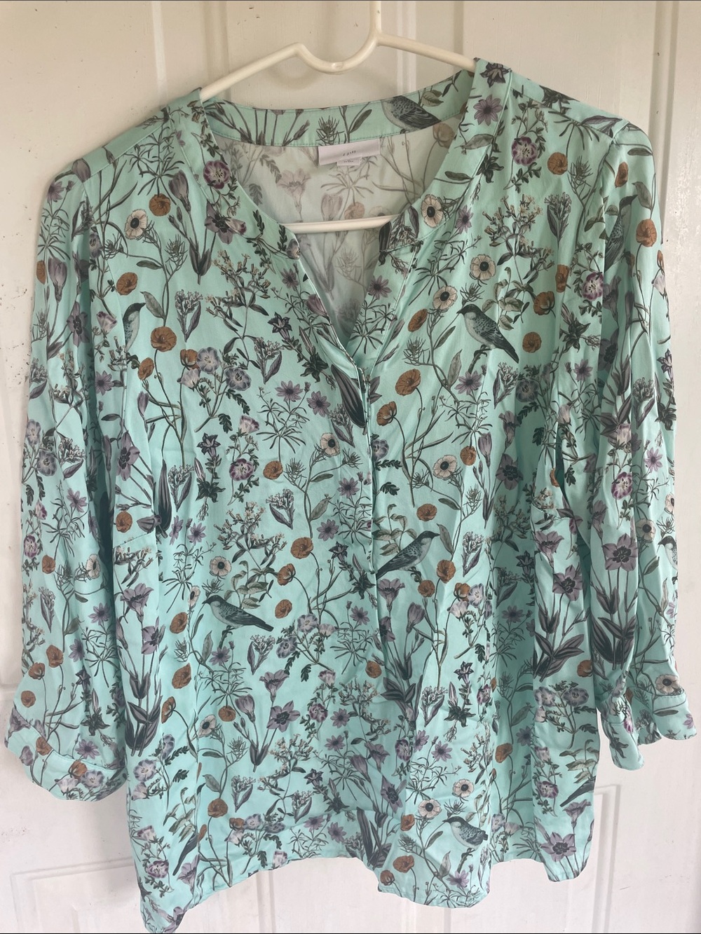 J. Jill Mint Floral Button-Down V-Neck Blouse